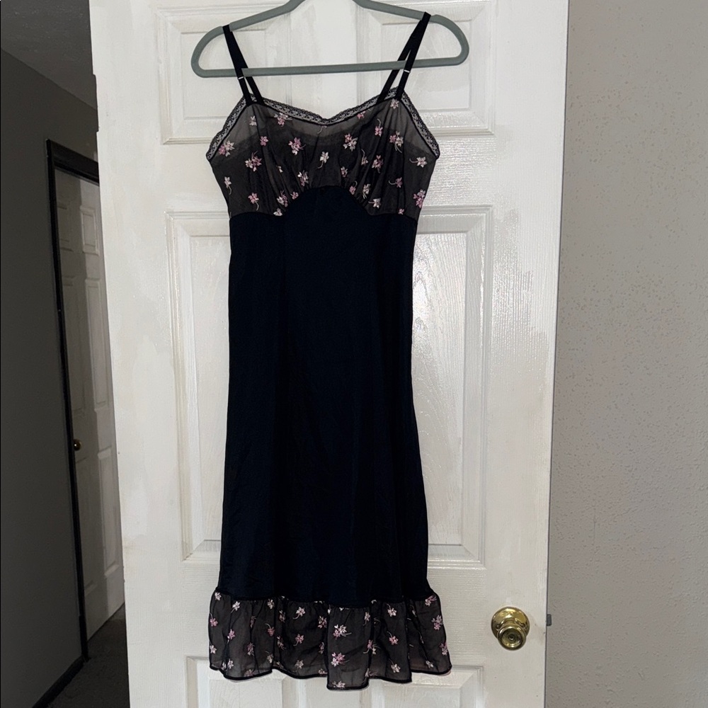 Black Slip Dress with Pink Floral Trim - Women Intimates & Sleepwear